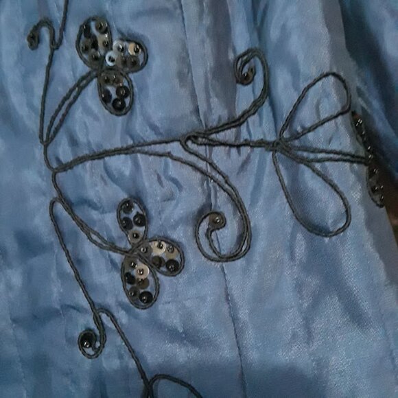 100% Silk Carole Little Blue Quilted Black Floral Sequins Jacket Size Large - Picture 3 of 6